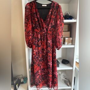 Mango Floral Red Maxi Dress Long Sleeve Sz M